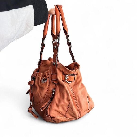 B. Makowsky Leather Drawstring Satchel - Tangerine Orange - Picture 4 of 8